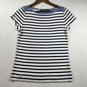 Lauren Ralph Lauren Women's Navy White Striped Boat Neck Zip Shoulder Top Large